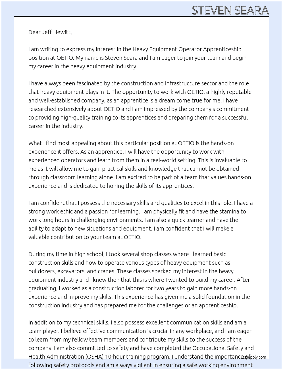 heavy equipment operator apprenticeship At OETIO Cover Letter