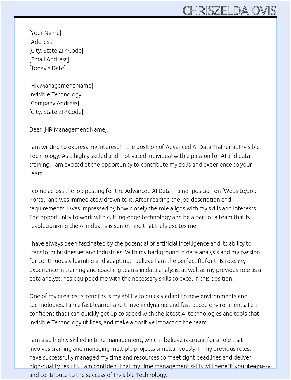 ADVANCED AI DATA TRAINER At Invisible technology  Cover Letter
