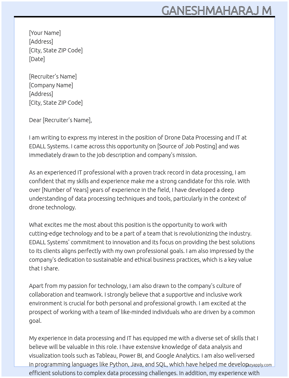 Drone date processing and IT At EDALL Systems Cover Letter