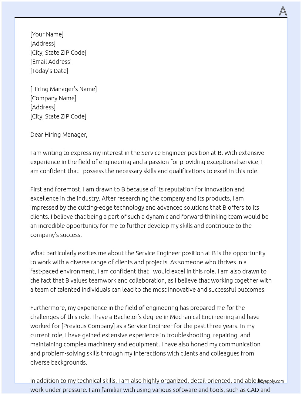 Service Engineer  At B Cover Letter