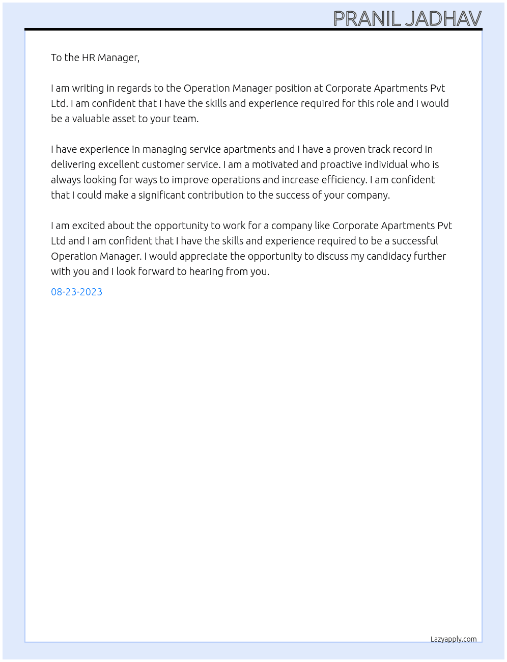 Operation Manager (Service Apartments) At Corporate Apartments Pvt Ltd  Cover Letter