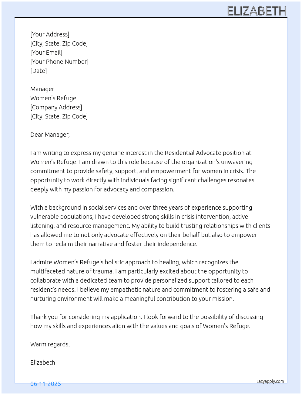 Residential Advocate At Womens Refuge Cover Letter