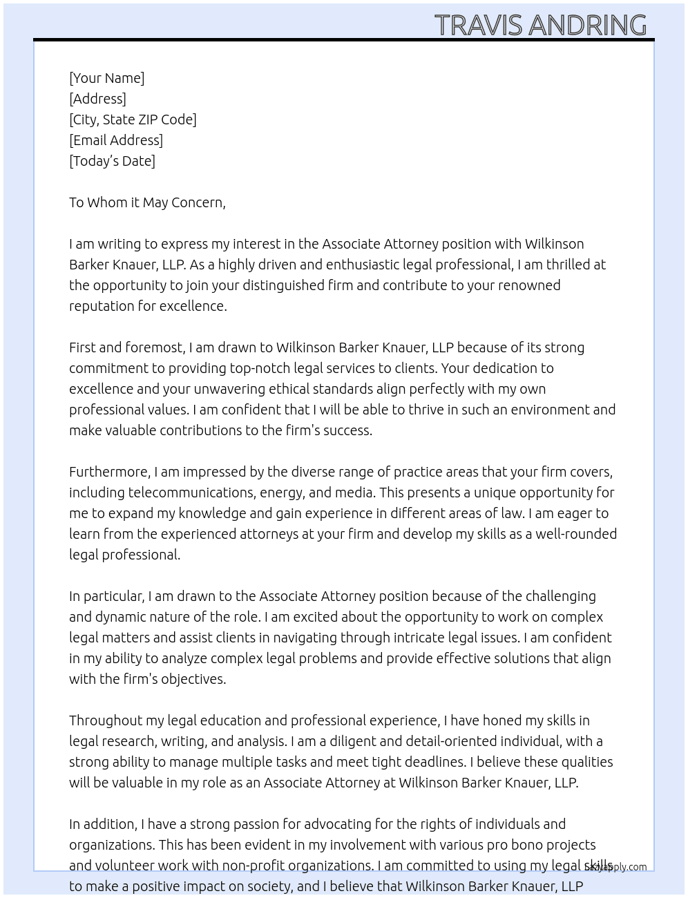 Associate Attorney  At Wilkinson Barker Knauer, LLP Cover Letter
