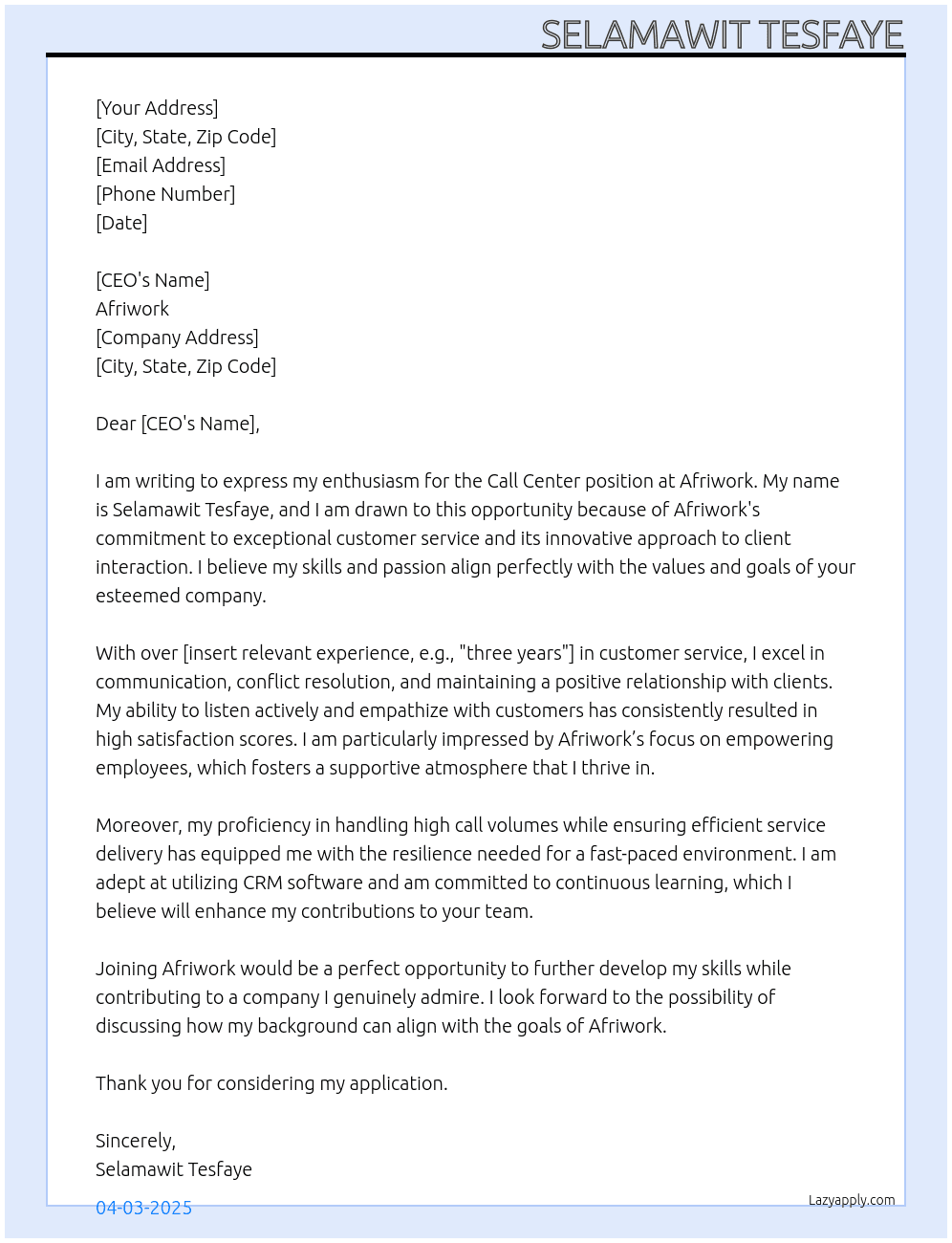 Call center At Afriwork Cover Letter