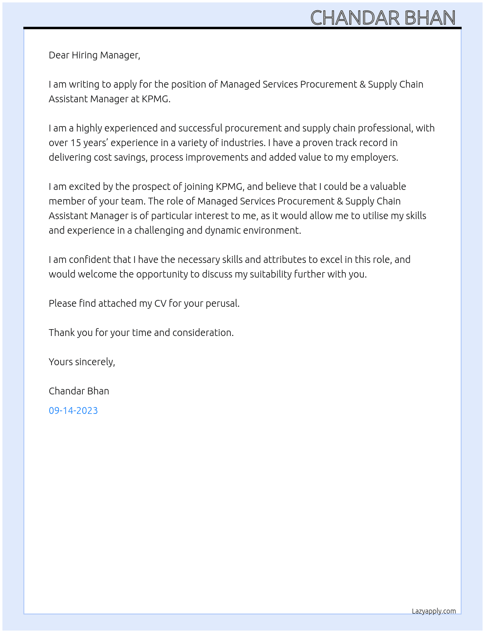 Managed services procurement & supply chain assistant manager  At KPMG Cover Letter