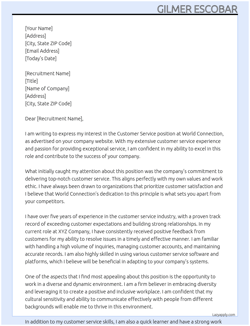 Customer service  At World Connection  Cover Letter