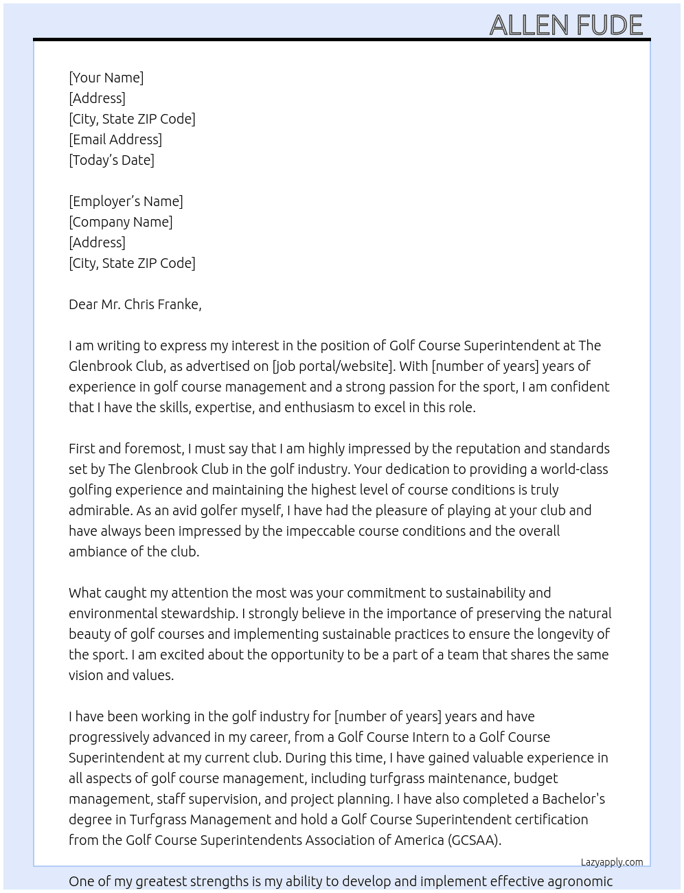 Golf Course Superintendent  At The Glenbrook Club Cover Letter