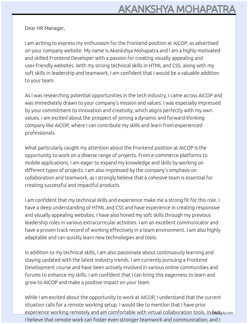frontend  At aicopl Cover Letter