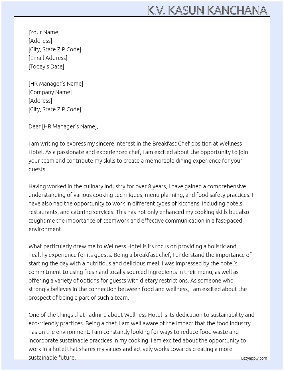 Breakfast Chef  At Wellness hotel Cover Letter