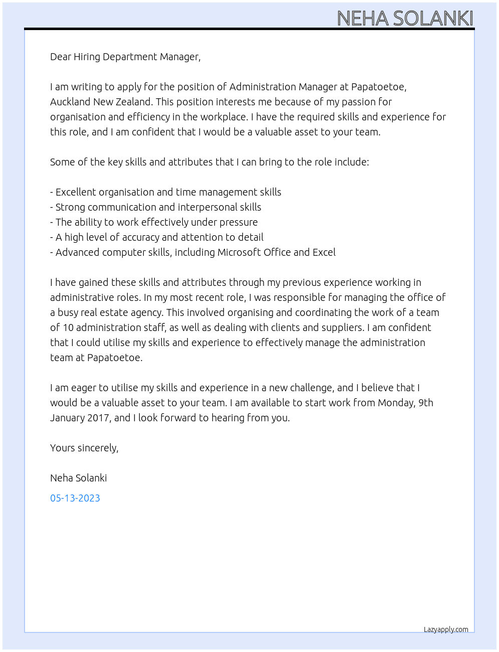 ADMINISTRATION MANAGER  At PAPATOETOE,AUKLAND NEW ZALAND Cover Letter