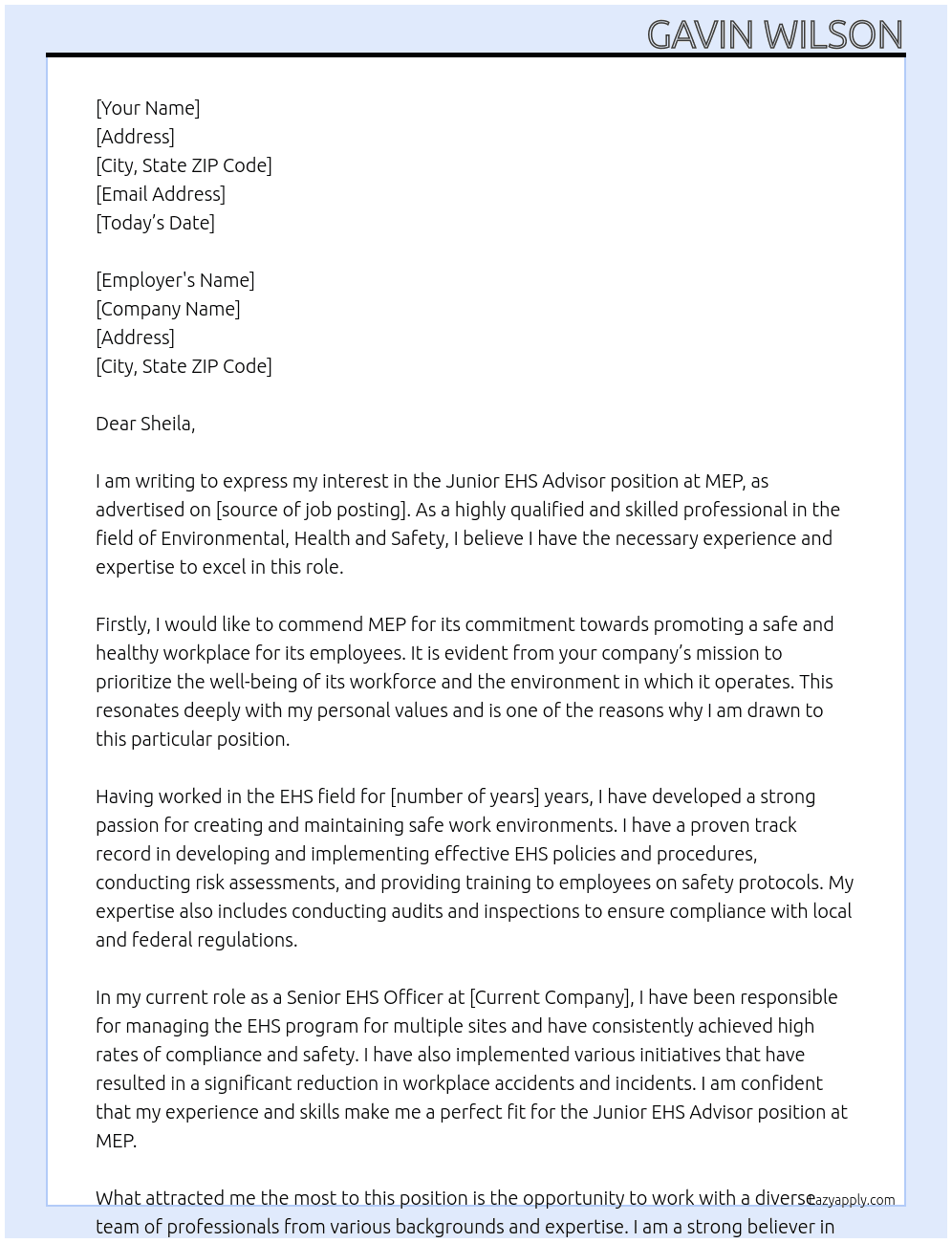 Junior EHS Advisor At MEP Cover Letter