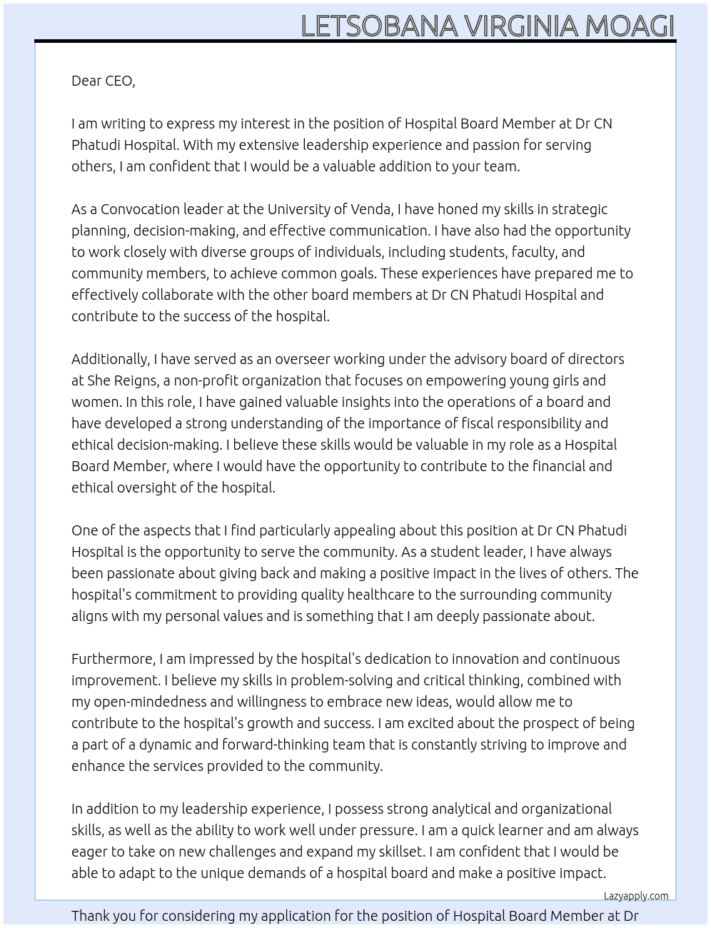 Hospital Board Member At Dr CN Phatudi Hospital  Cover Letter