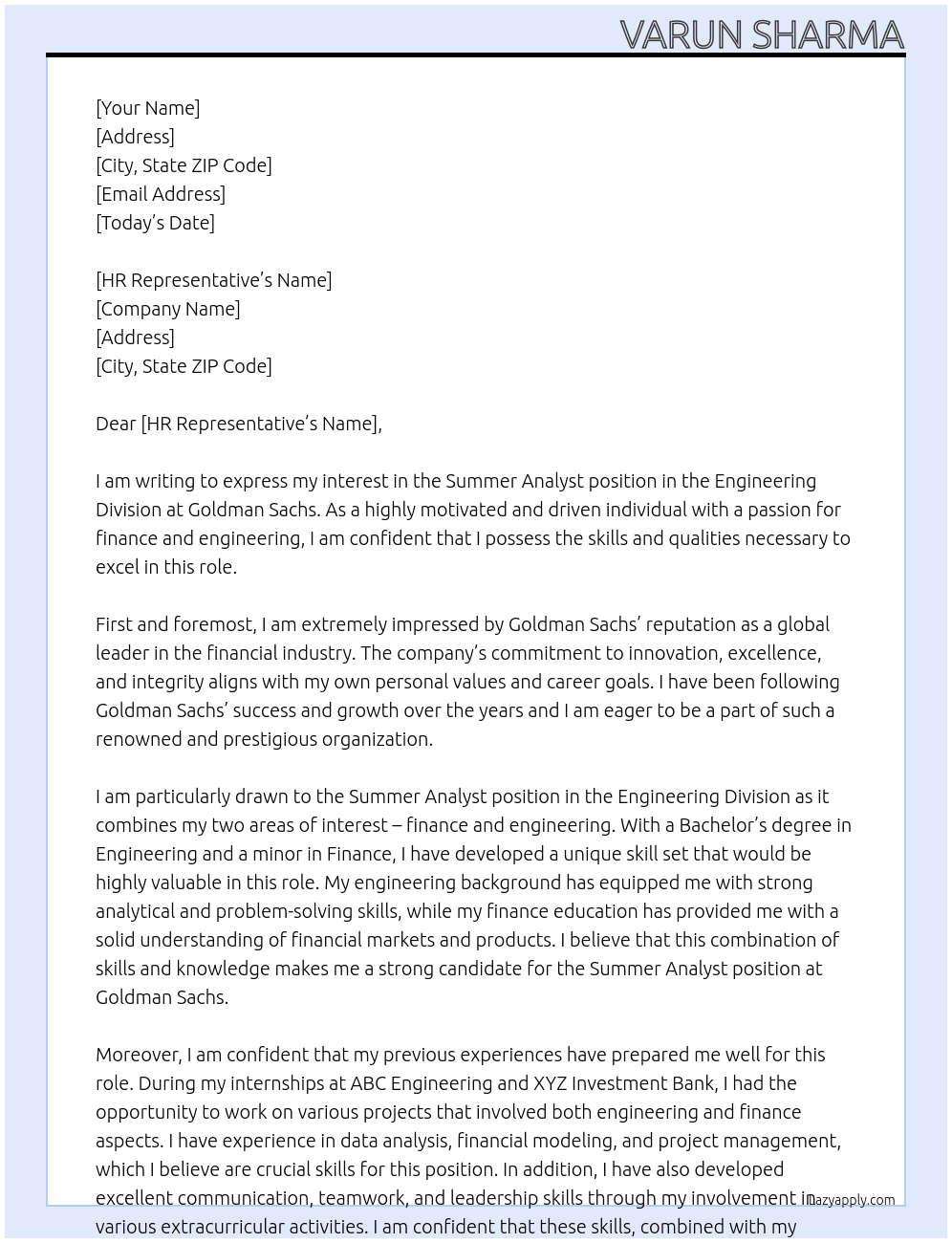 Summer Analyst ,Engineering Division At Goldman Sach Cover Letter