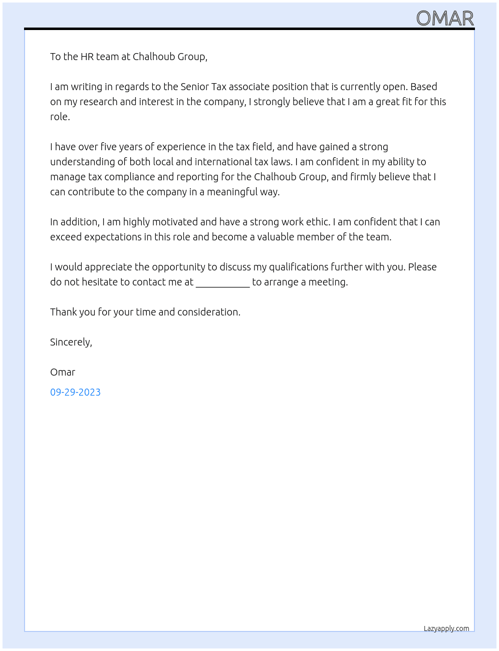 Senior Tax associate At Chalhoub Group Cover Letter