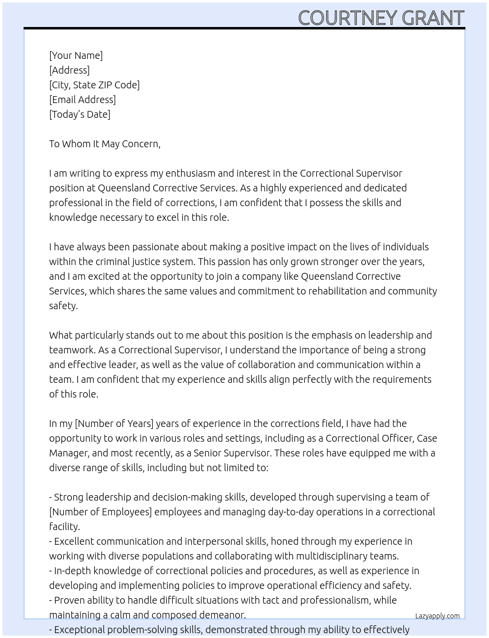 Correctional Supervisor  At Queensland Corrective Services  Cover Letter
