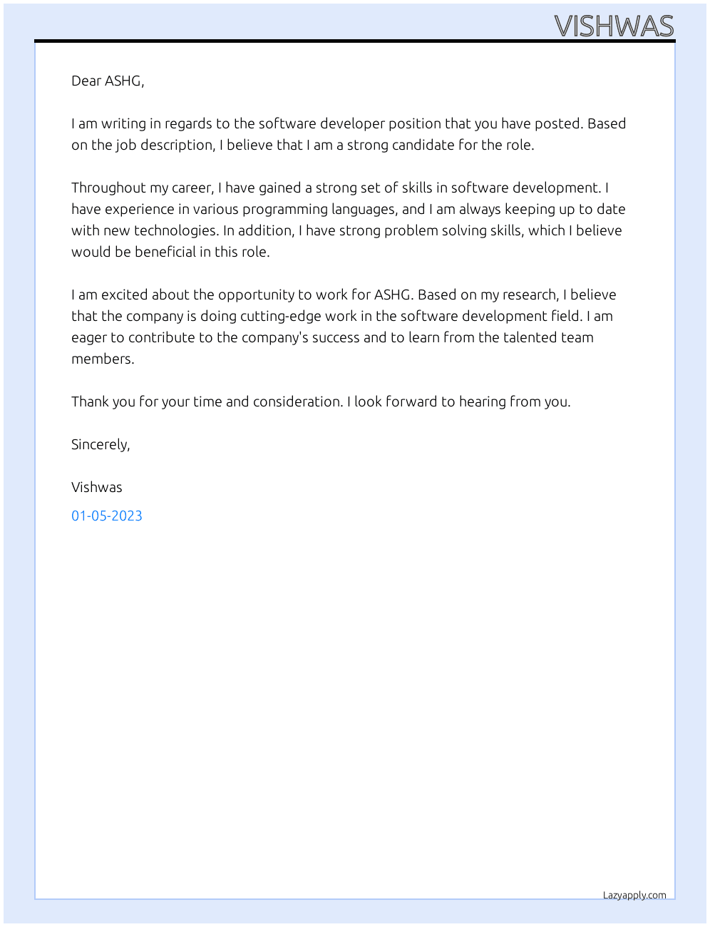 softwaredeveloper At ASHG Cover Letter
