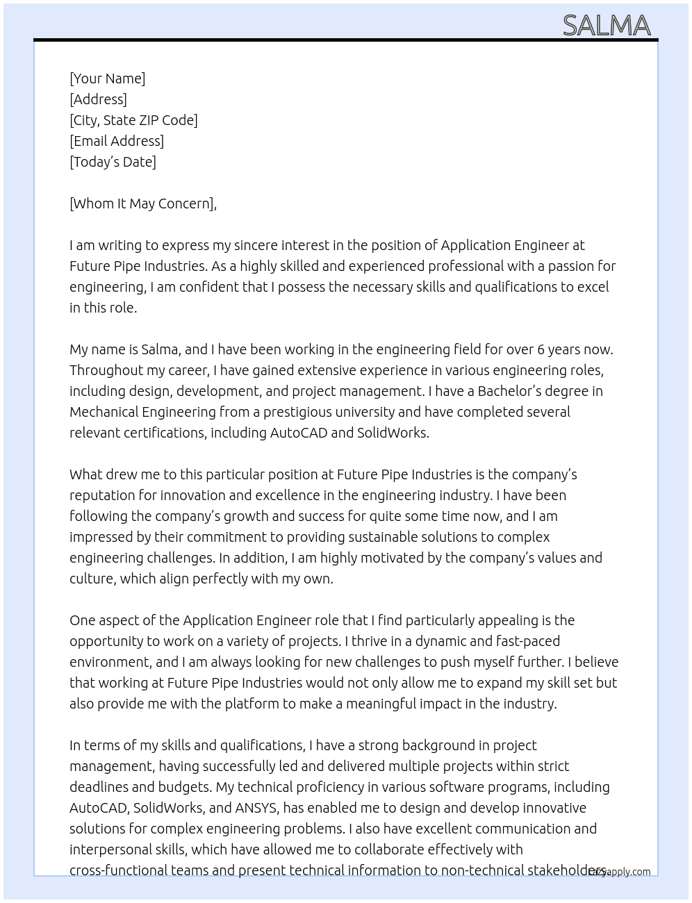 Application Engineer At Future Pipe Industries  Cover Letter