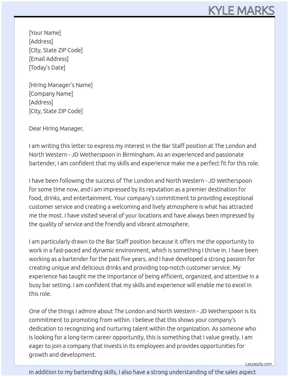 Bar Staff At The London and North Western - JD Wetherspoon Cover Letter