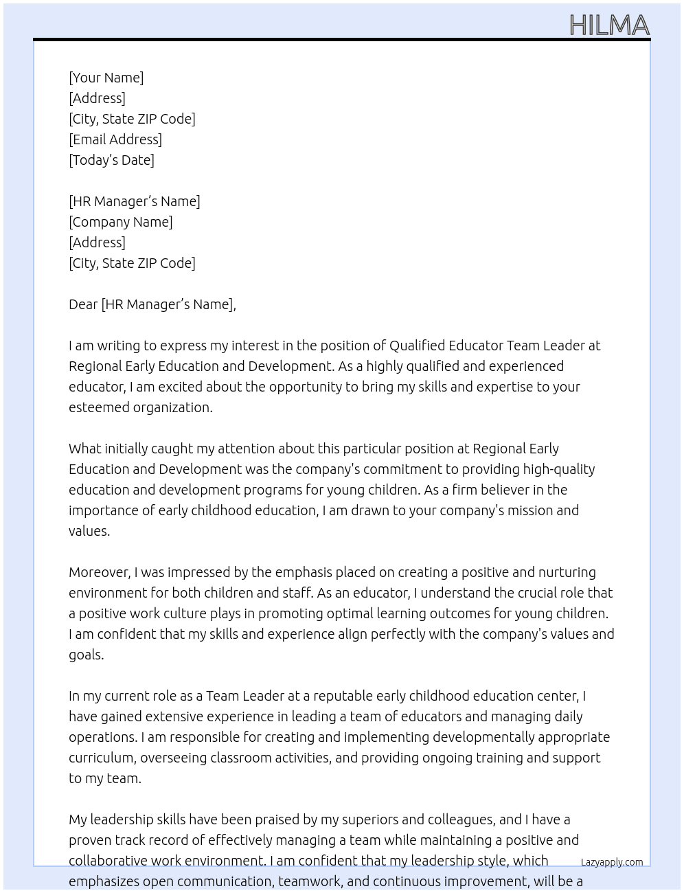 Qualified educator team leader At Regional early education and development  Cover Letter