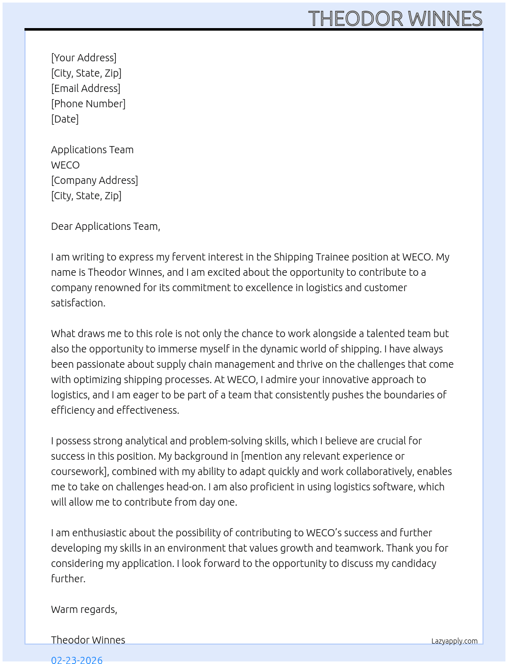 Shipping trainee At WECO Cover Letter