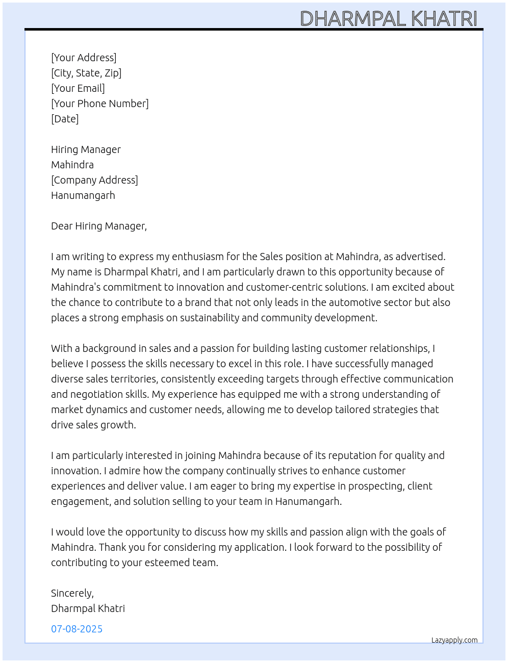 Cover letter for selr - LazyApply