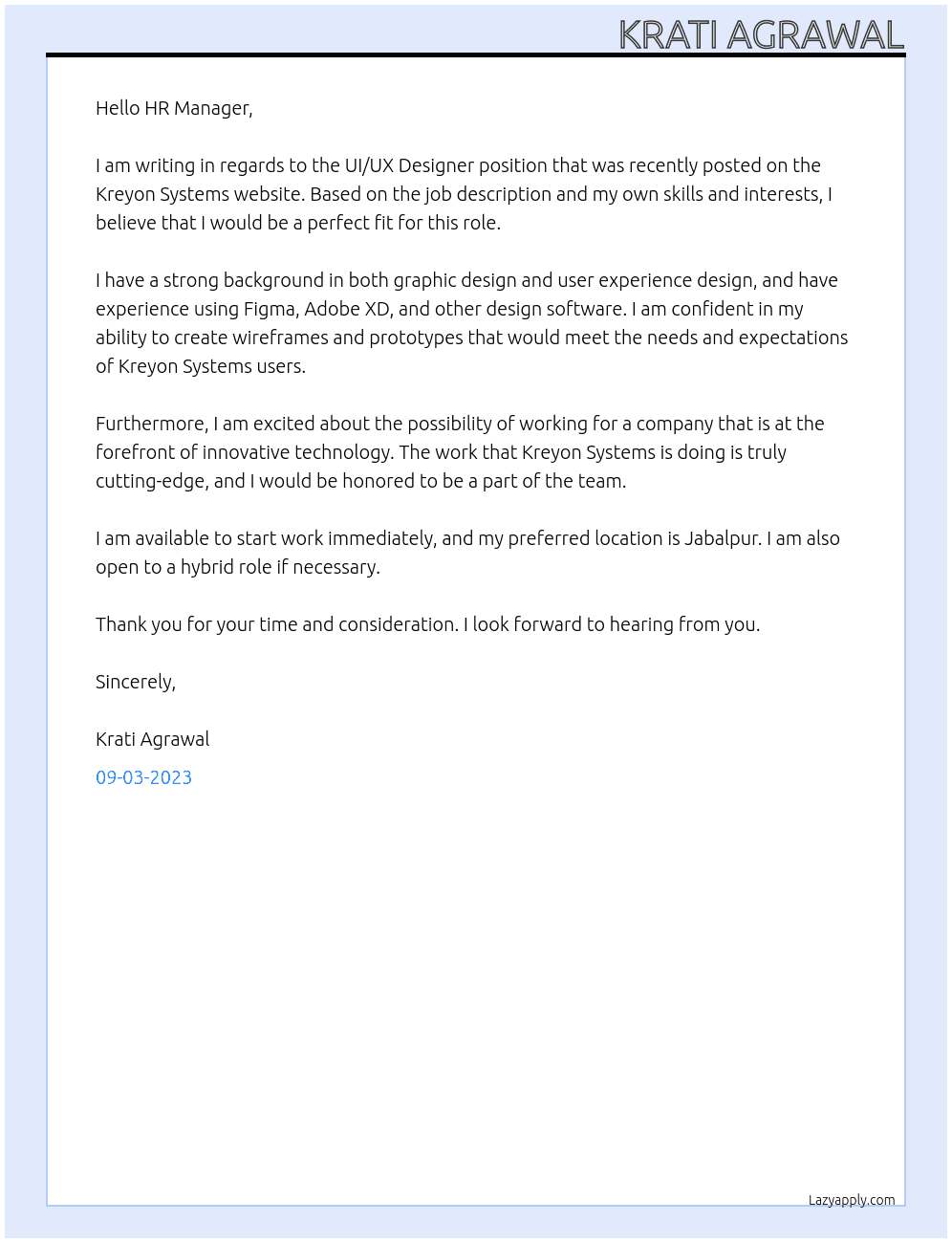 UI/UX Designer At Kreyon Systems Cover Letter