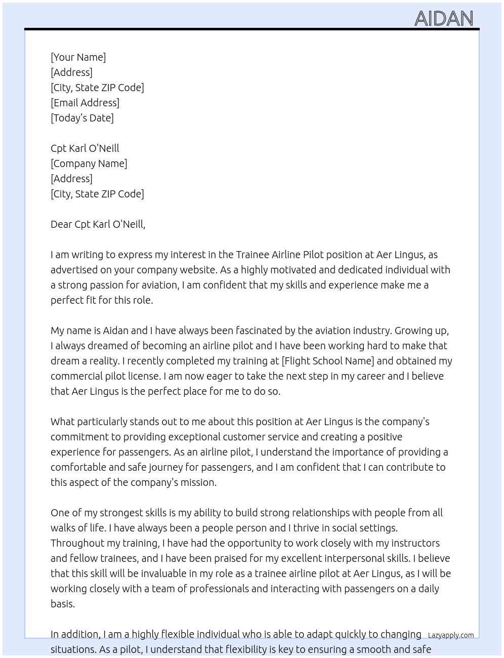 Airline Pilot At Aer Lingus Cover Letter