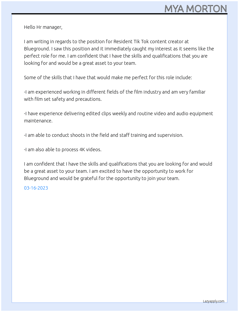 Resident tik tok content creator At Blueground Cover Letter