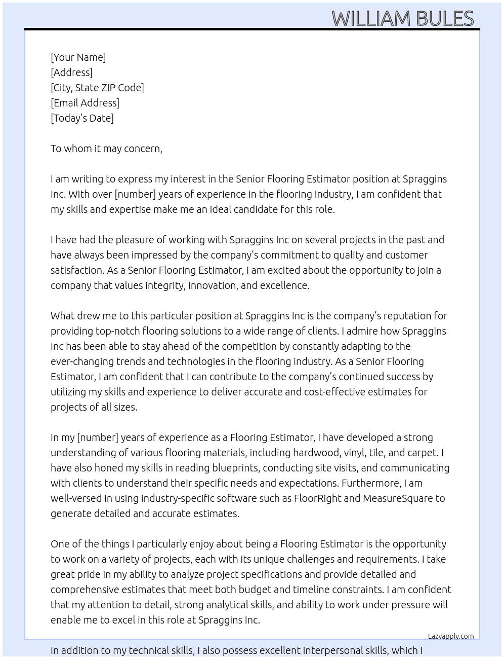 Senior Flooring Estimator At Spraggins Inc  Cover Letter