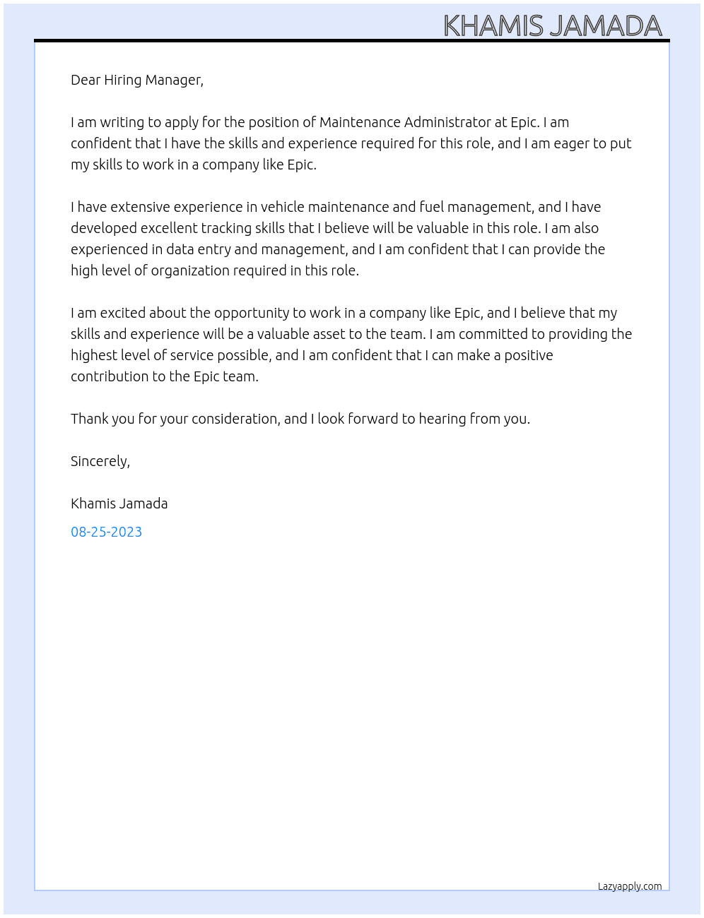 maintainance administrator  At epic  Cover Letter
