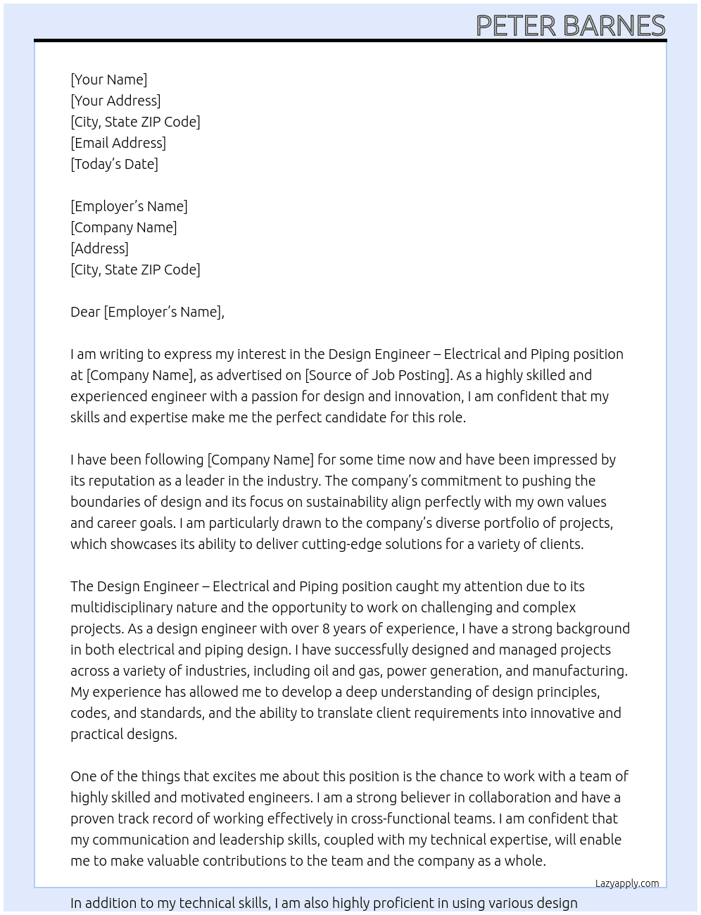 Design Engineer – Electrical and Piping At xx Cover Letter