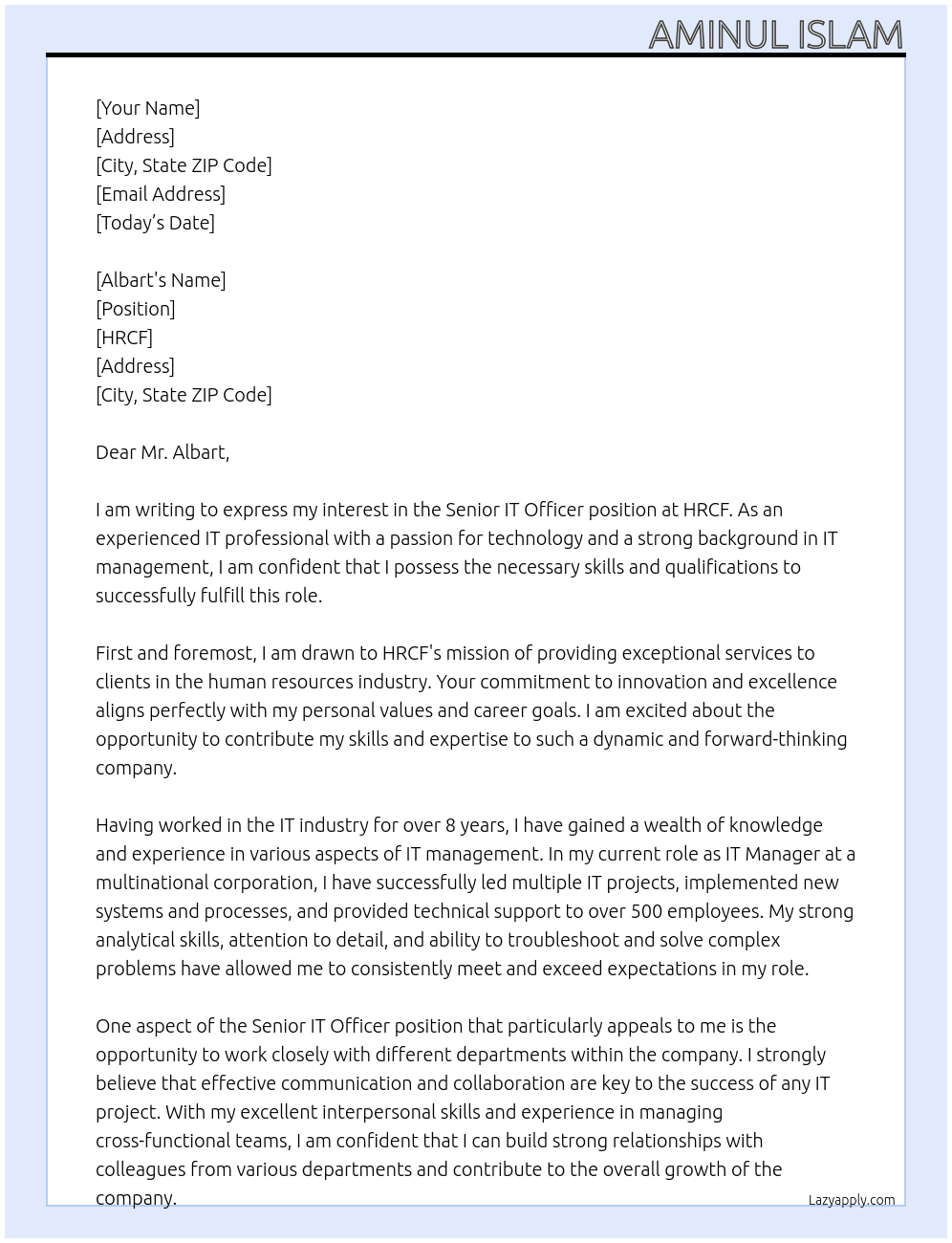 senior it officer At hrcf Cover Letter