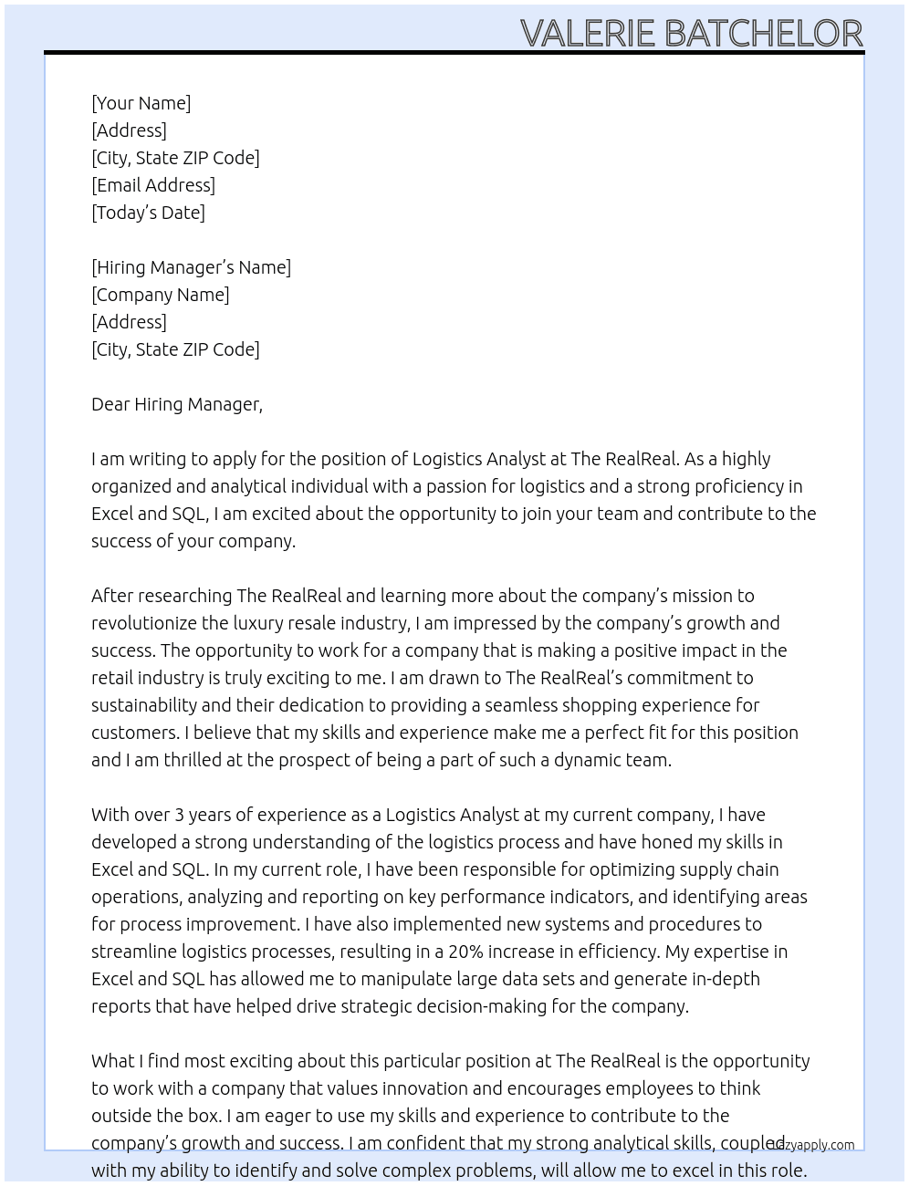 Logistics Analyst At The RealReal Cover Letter