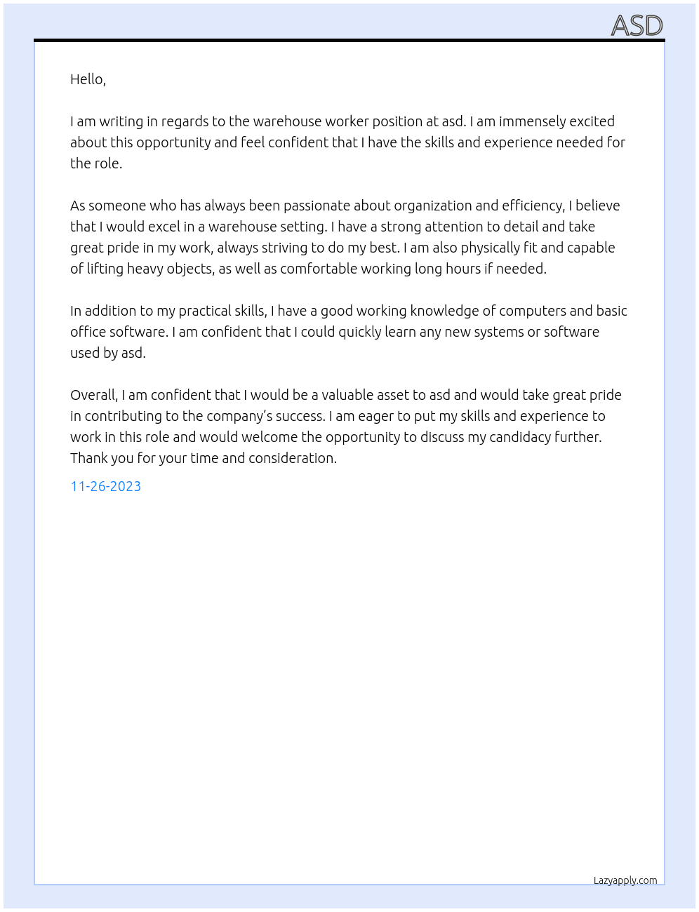 warehouse worker At asd Cover Letter