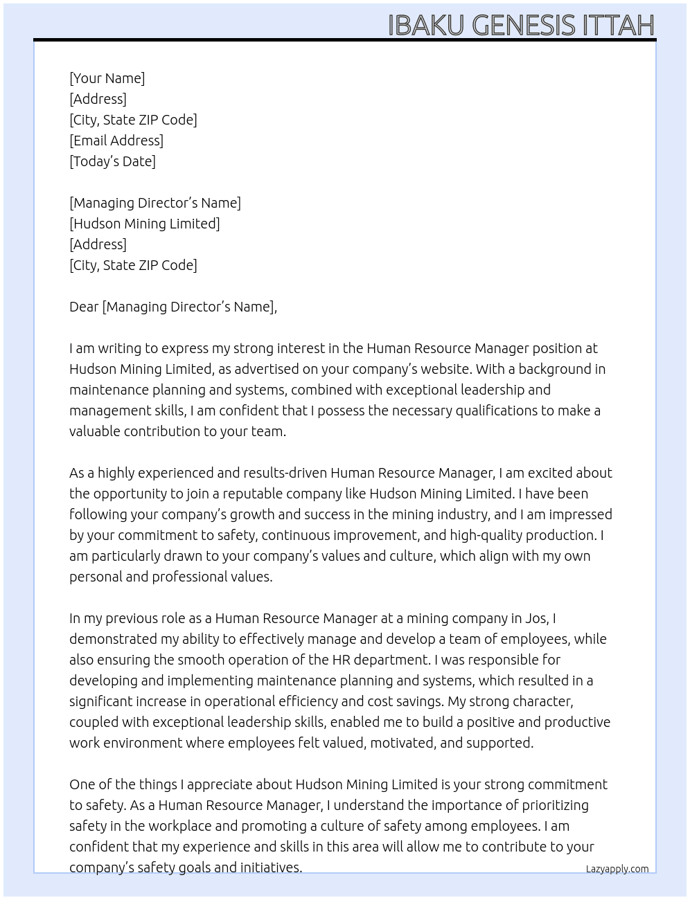 Human Resource Manager At Hudson Mining Limited Cover Letter