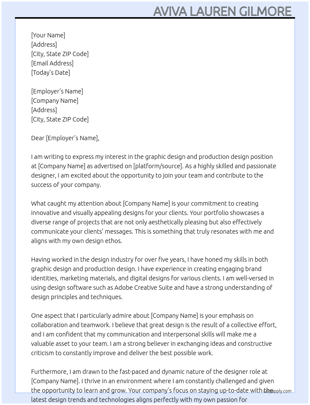 graphic design and production design  At following Cover Letter
