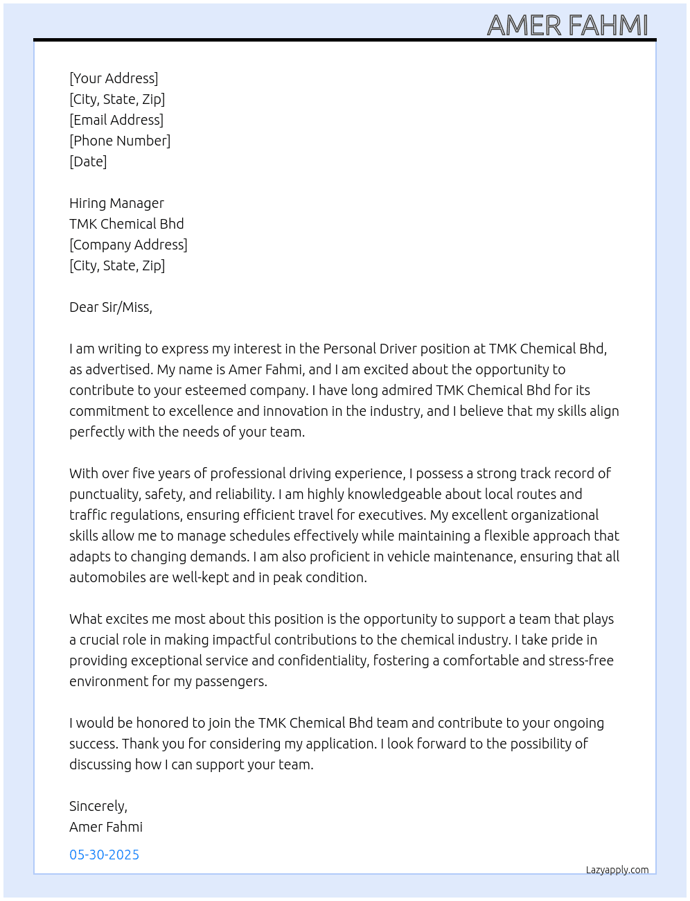 personal driver At TMK chemical bhd Cover Letter