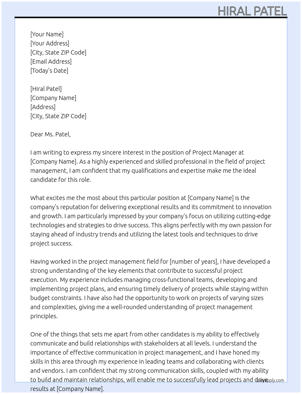 Project Manager At Hiral Patel Cover Letter