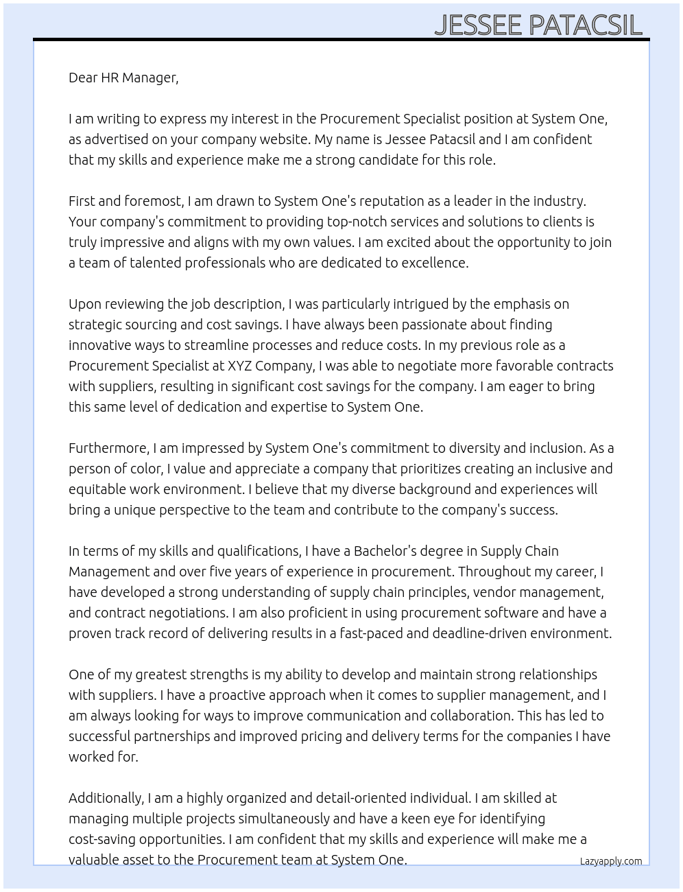 Procurement Specialist At System one Cover Letter