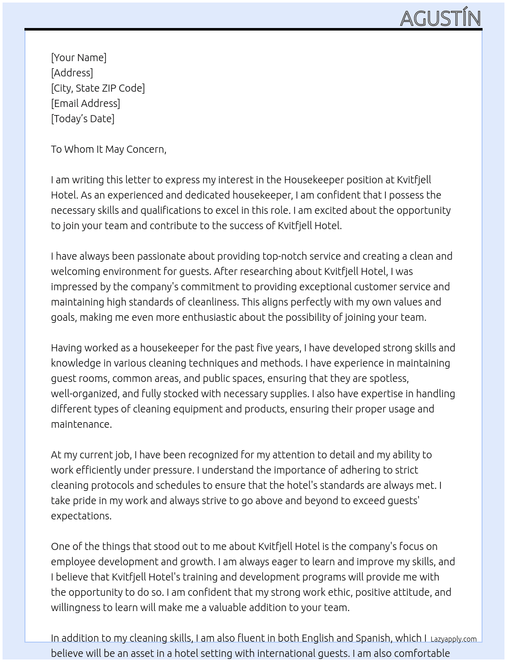 Housekeeper At Kvitfjell Hotel  Cover Letter