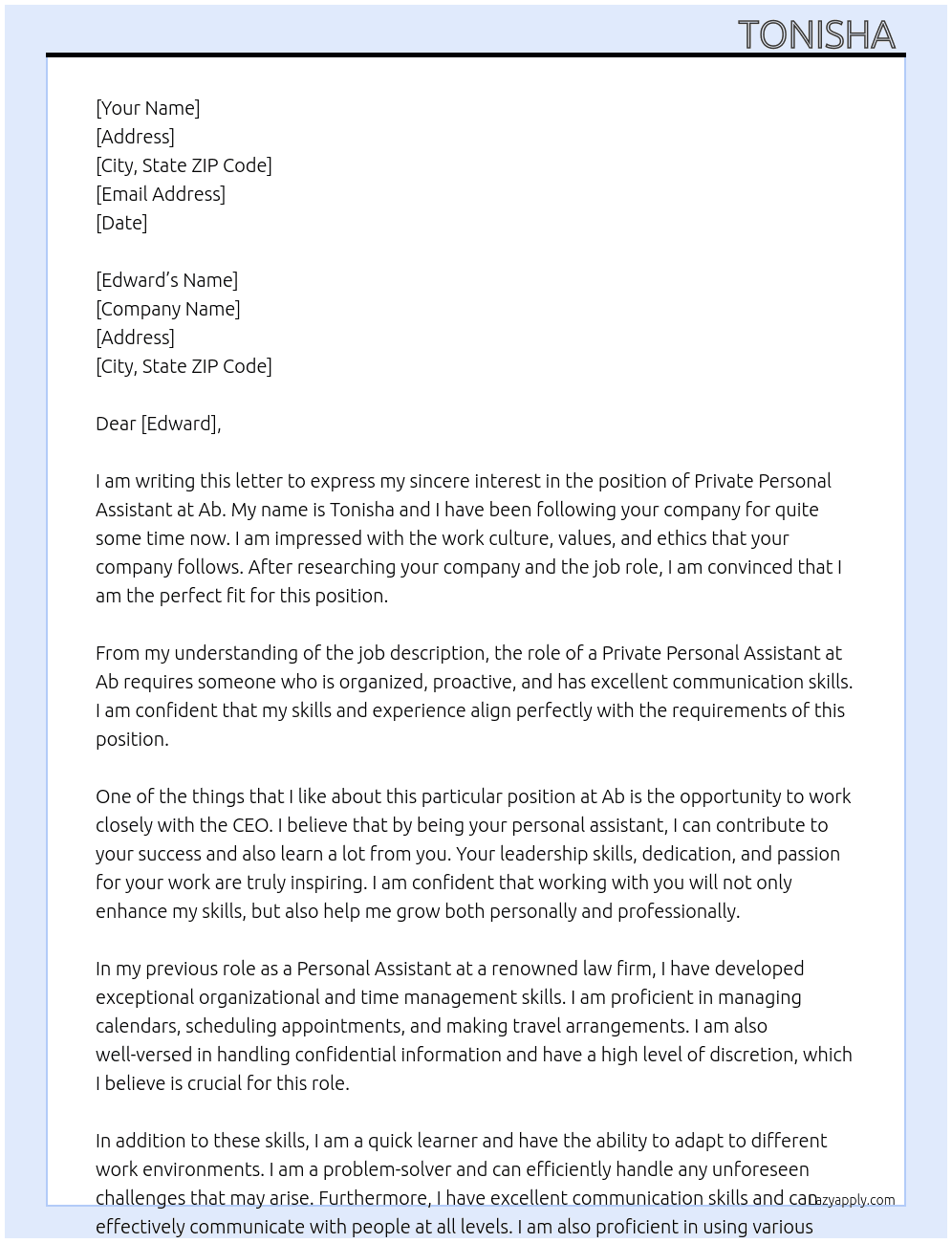 Private personal assistant  At Ab Cover Letter