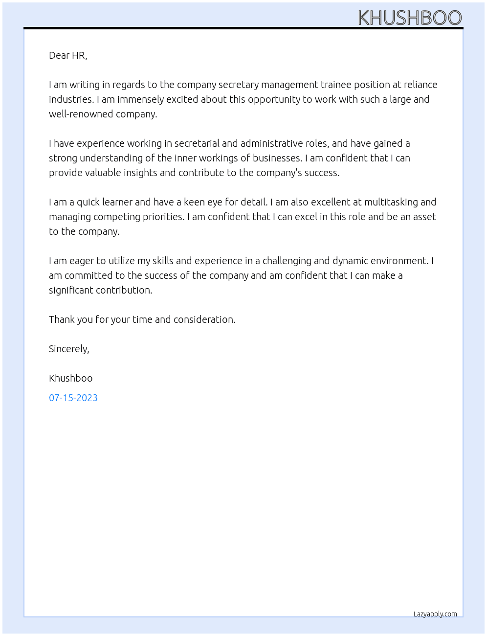 company secretary management trainee At reliance industries Cover Letter