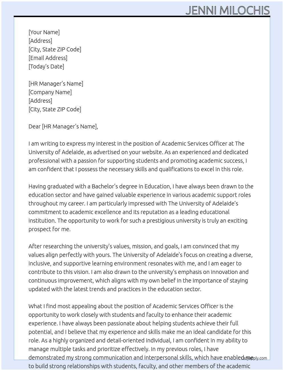 Academic Services Officer At The University of Adelaide Cover Letter