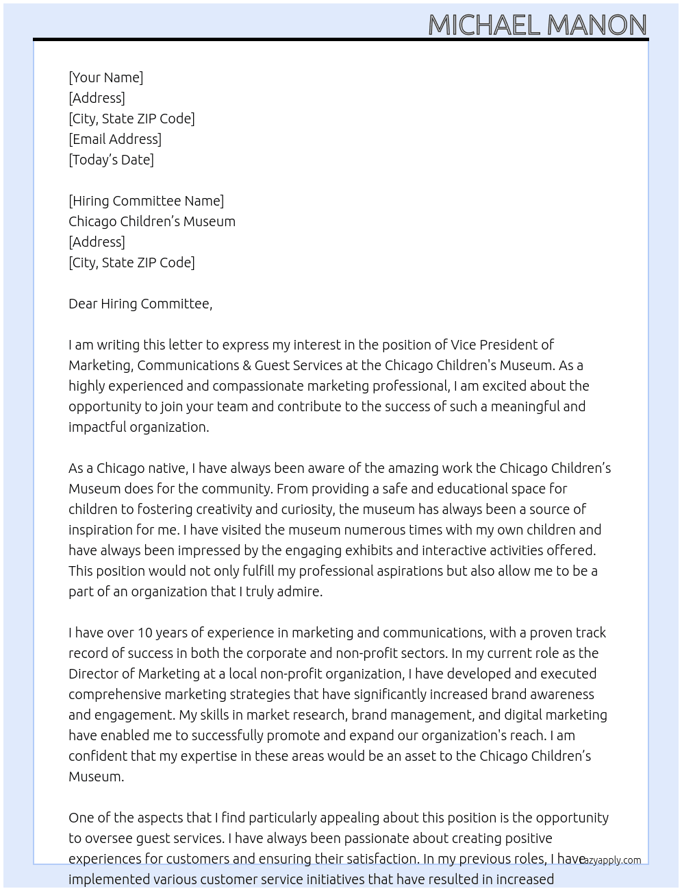 Vice President of Marketing, Communications & Guest Services At Chicago Children's Museum Cover Letter