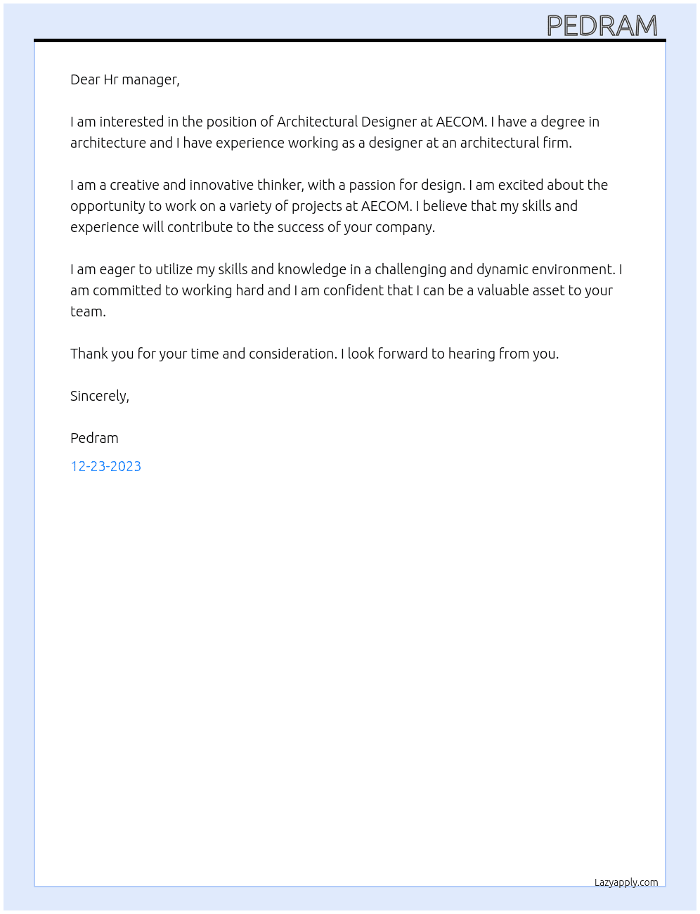 Architectural Designer At AECOM Cover Letter