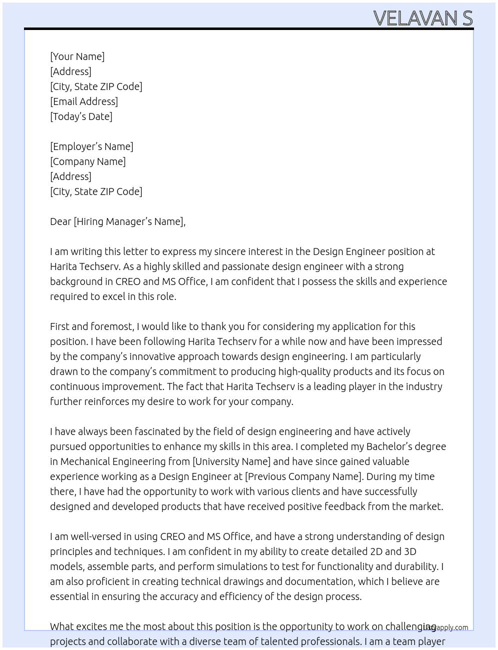 design engineer At harita techserv Cover Letter