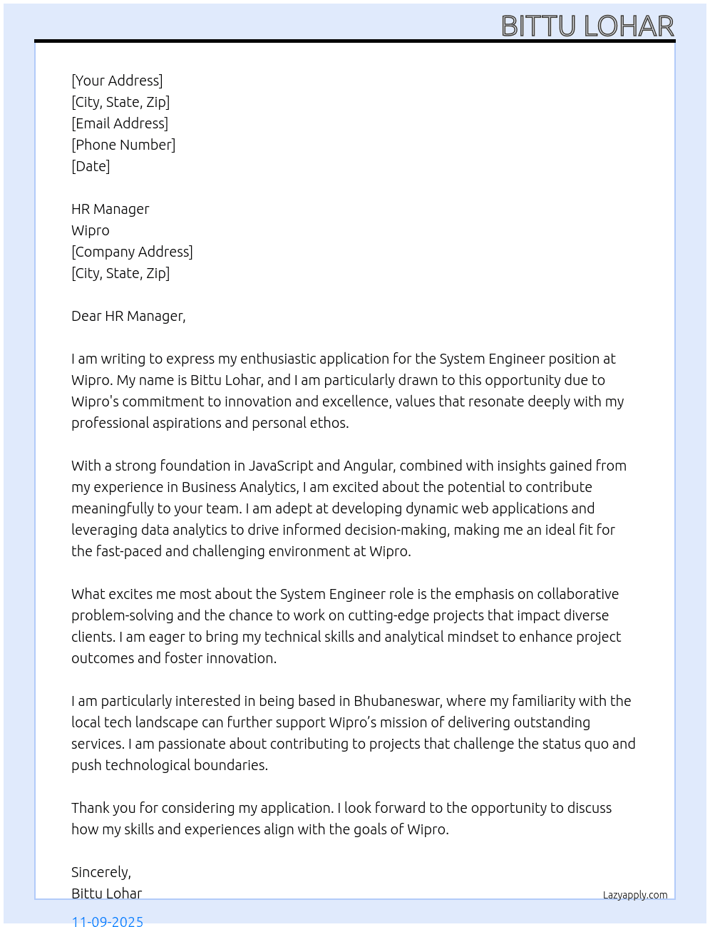 System Engineer At Wipro Cover Letter