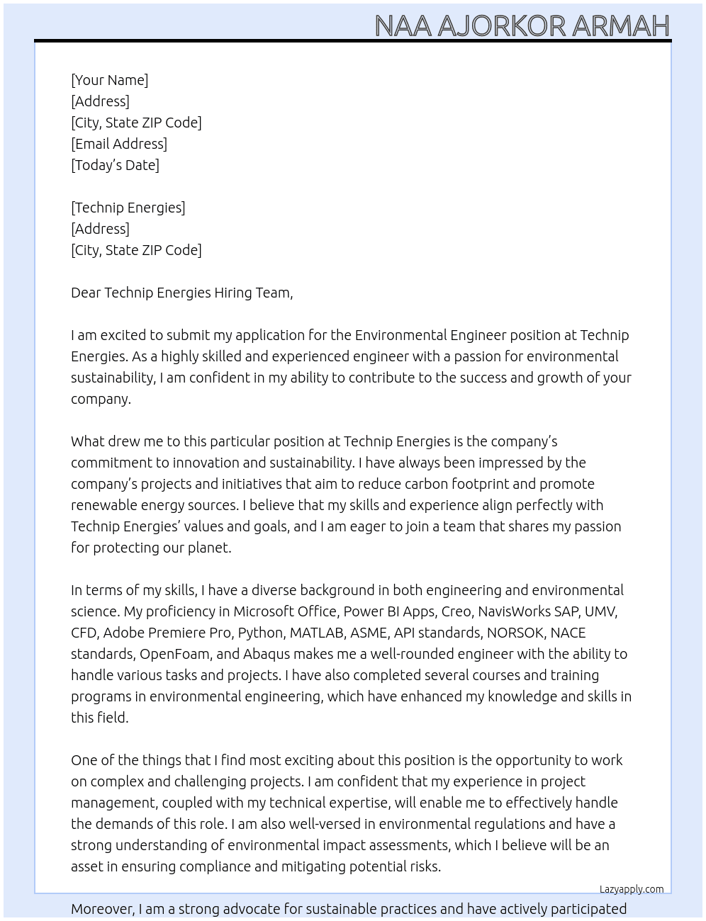Environmental Engineer At Technip Energies Cover Letter
