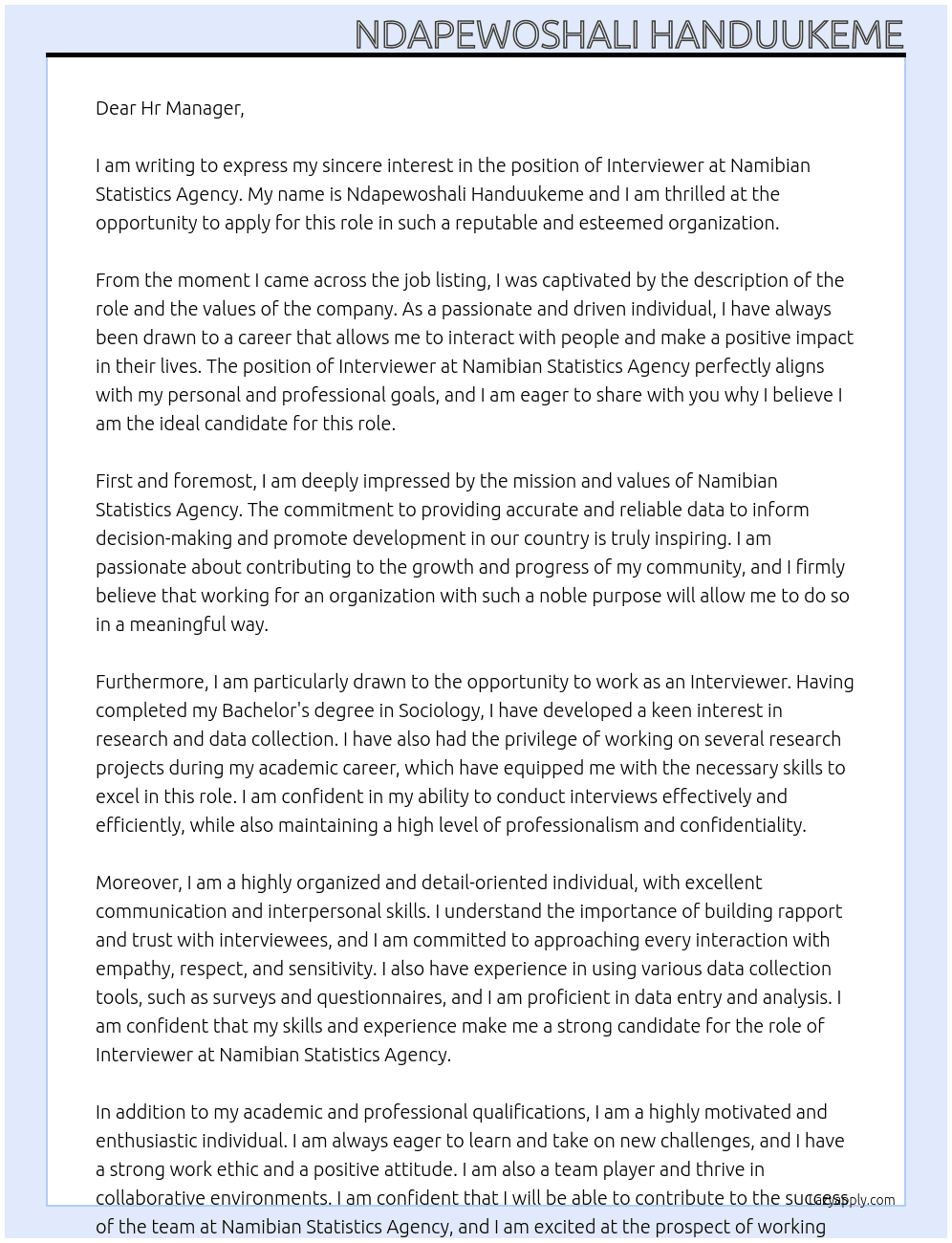 Interviewer At Namibian statistics agency Cover Letter
