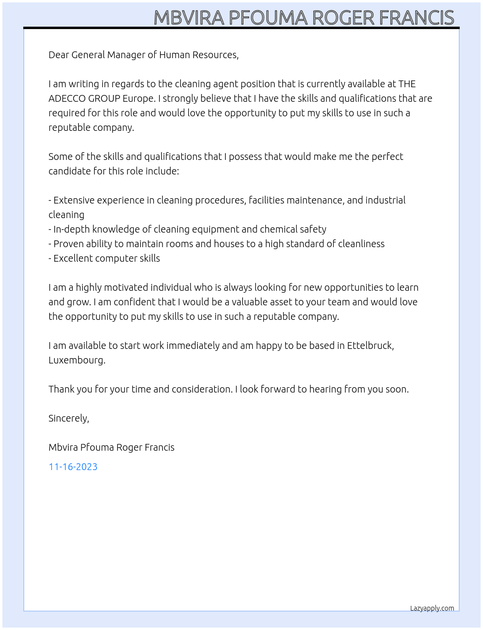 Cleaning Agent  At THE ADECCO GROUP Europe  Cover Letter
